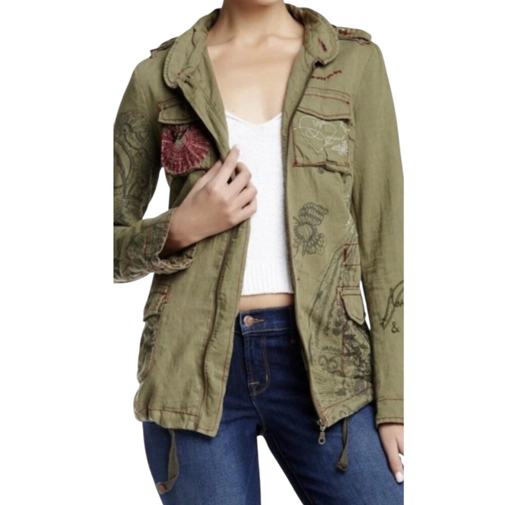 Desigual Embroidered Distressed Green Hooded‎ Jacket Sz M Eclectic Edgy Artsy
